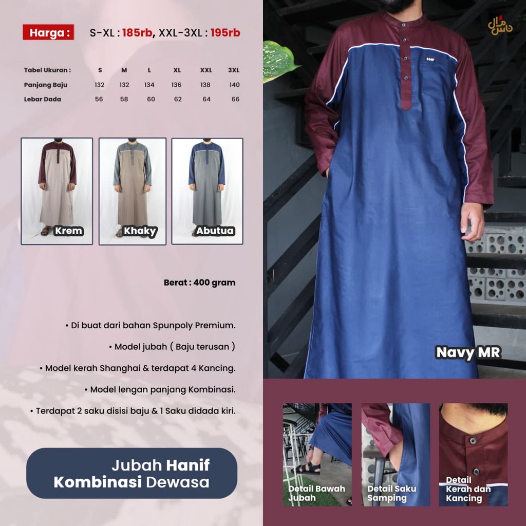 Jubah Pria Dewasa Lengan Panjang Kombinasi Premium Hanif Gratis Peci