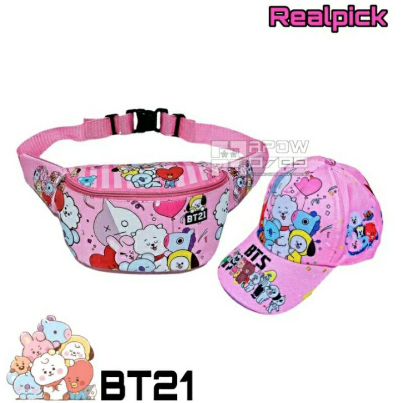 tas selempang anak perempuan topi anak perempuan printing usia 2-10 tahun waistbag anak topi anak waterproof paket 2in1