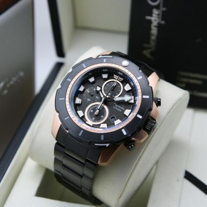 Jam Tangan Pria Alexandre Christie AC 6606 AC6606 Black RoseGold Rantai Original