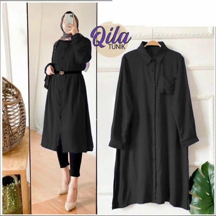 KEMEJA PANJANG WANITA TUNIK POLOS (FREE BELT) FUL BUSUI TUNIK PREMIUM - Hitam, XXL