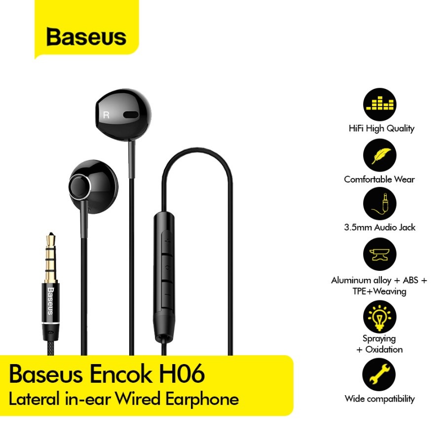 BASEUS ORIGINAL Encok Wired Earphone H06 Headset Hanfsfree 3.5mm Stereo Ori Wired In Ear Headset