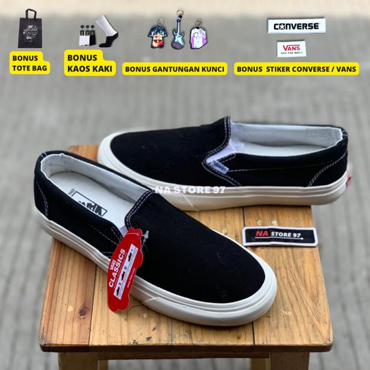 SEPATU VANS SLIP ON OG BLACK WHITE | SEPATU PREMIUM