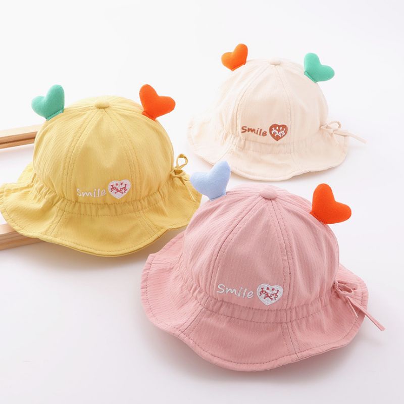 Topi bayi bucket smile love baby hat bucket pantai