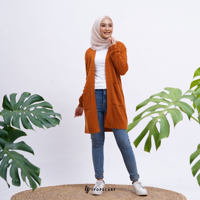 LUMA LONG CARDI | cardigan rajut panjang, soft knit cardigan-CARROT
