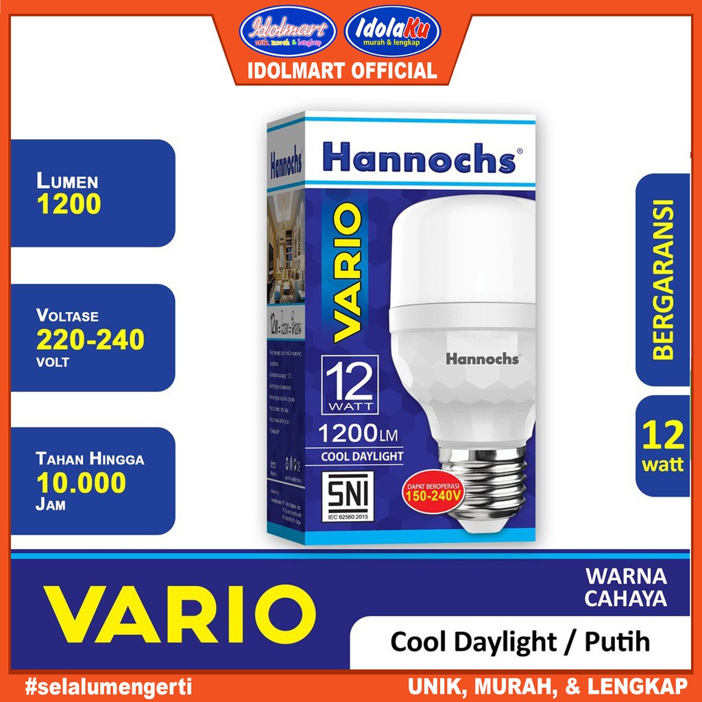 IDOLAKU Hannochs Lampu LED Vario 12 Watt Cahaya Putih lampu Hemat Energy Hanoc