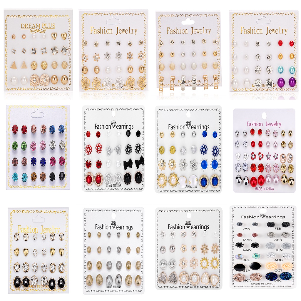 12pair/set Korean Fashion Imitation Zircon Earrings Pearl Diamond Ear Studs Factory Wholesale