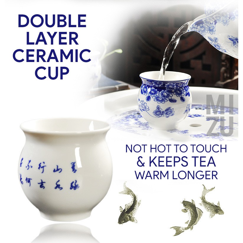 MIZU LUSHANCHA 9in1 Double Wall Jingdezhen Ceramic Chinese Tea Set With Tray Teko 6 Cangkir