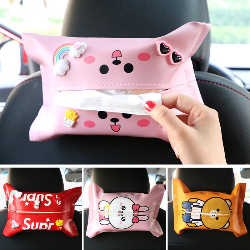 AKSESORIS INTERIOR MOBIL / Tissue Holder Tempat Tissue Kulit Sintetis Karakter Lucu Horisontal