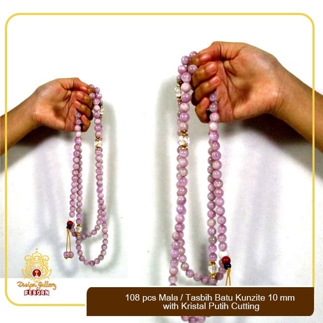 108 Pcs Mala/Tasbih Batu Kunzite 10 mm with Kristal Putih Cutting