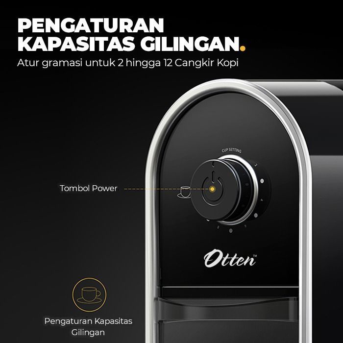 Otten - Mesin Penggiling Biji Kopi Flat Burr (Black) - Electric Coffee Bean Grinder