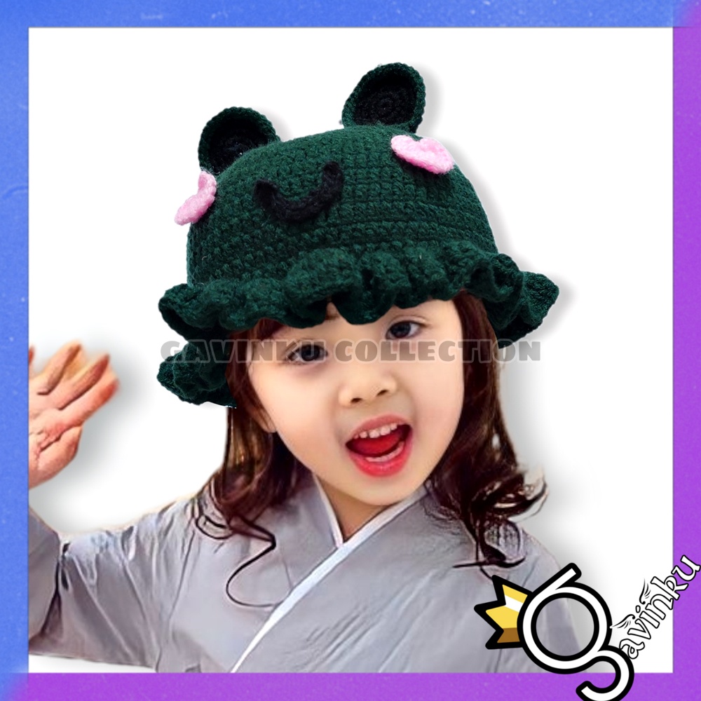 Topi Rajut Kodok Bucket Kupluk Anak Bayi Laki Laki Perempuan Murah Umur 6 7 8 9 10 11 12 Bulan 1 2 Tahun Thn Murah Ears Cap Frog crochet bucket hat