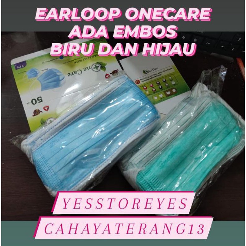 READY MASKER EARLOOP 3 PLY ONECARE NECARE EMBOS HIJAU BIRU GREEN BLUE ARMY TOSCA MATCHA UNGU PINK GOLD KREM HITAM PUTIH