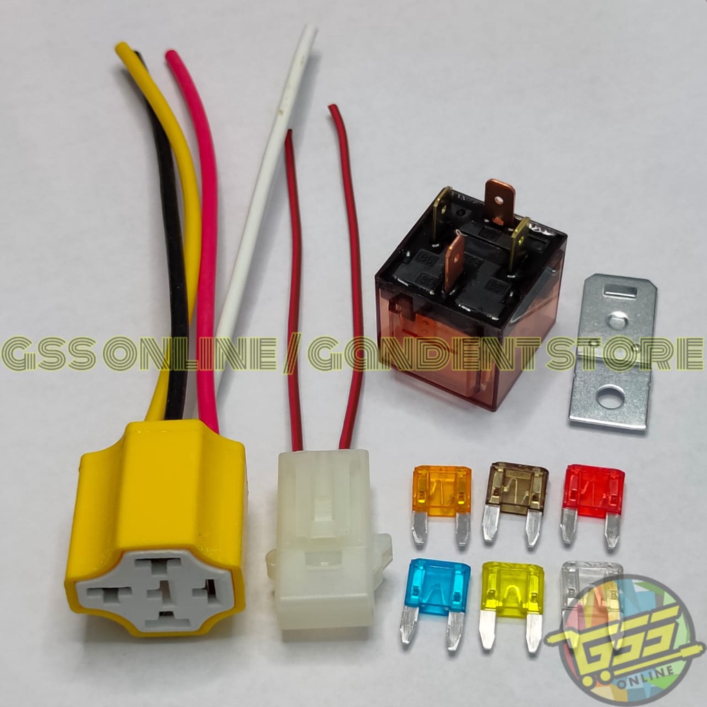 Paket lengkap Relay 4 kaki 12v 80a kaki 4 socket relay KERAMIK kaki 4 dan rumah sekring mini DX BONUS FUSE