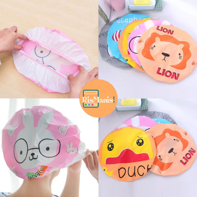 CUTE SHOWER CAP - Topi Mandi Bahan Peva Tutup Kepala Keramas Waterproof Tahan Air Karakter Kartun