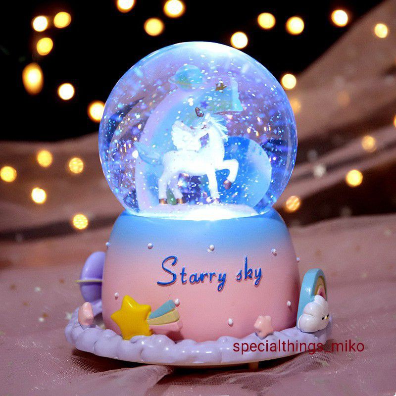 Bola kristal salju unicorn jumbo otomatis lampu hias unicorn snowglobe pajangan putri duyung mermaid