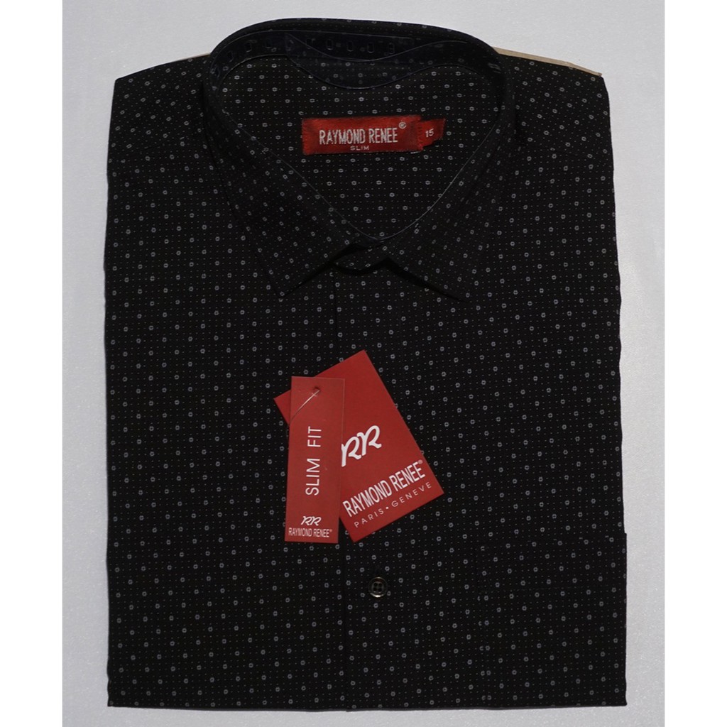 Kemeja Pria RAYMOND RENEE Lengan Pendek Hitam Motif Slim Fit A0439 Original & Real Picture