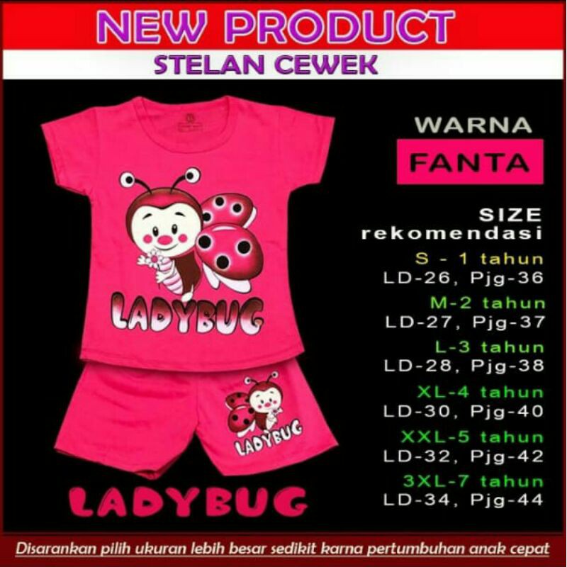Baju Setelan Anak Perempuan gambar Ladybug Pink