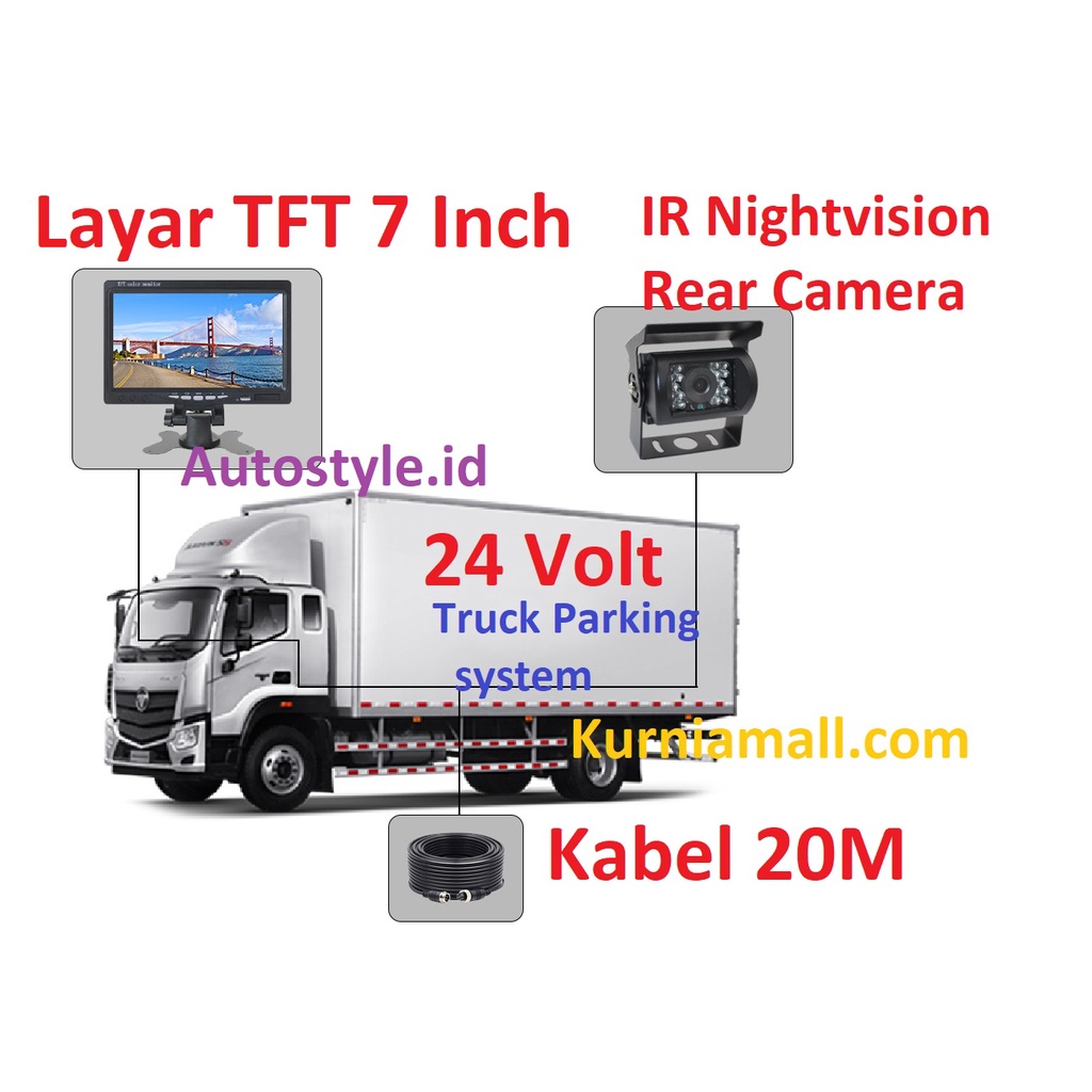 Paket Kamera parkir 24 Volt Truk Bus excavator  Paket Lengkap Kamera parkir Layar 7 inch Kabel AV 20 Meter Kamera Mundur IR Led