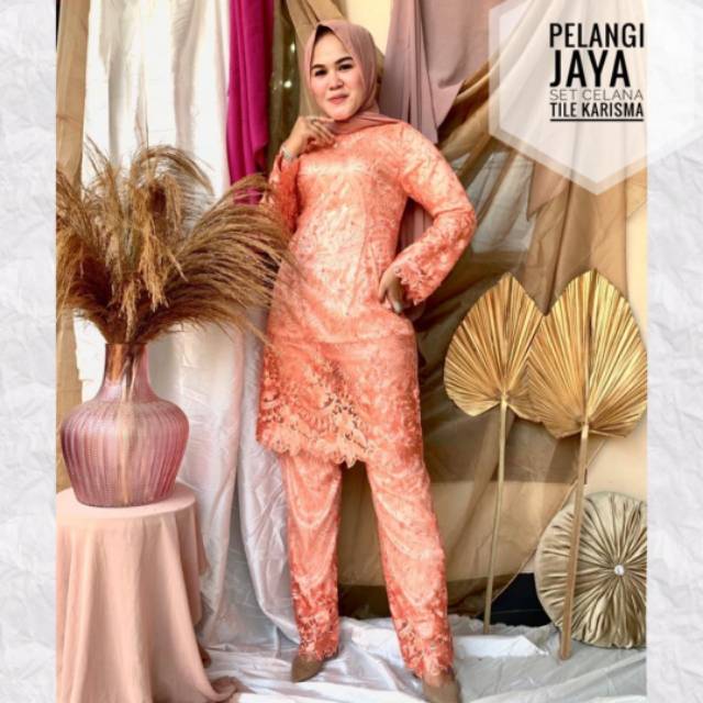 SETELAN KEBAYA CELANA TILE CANNTIKA / KEBAYA PESTA / KEBAYA KEKINIAN REALPICT