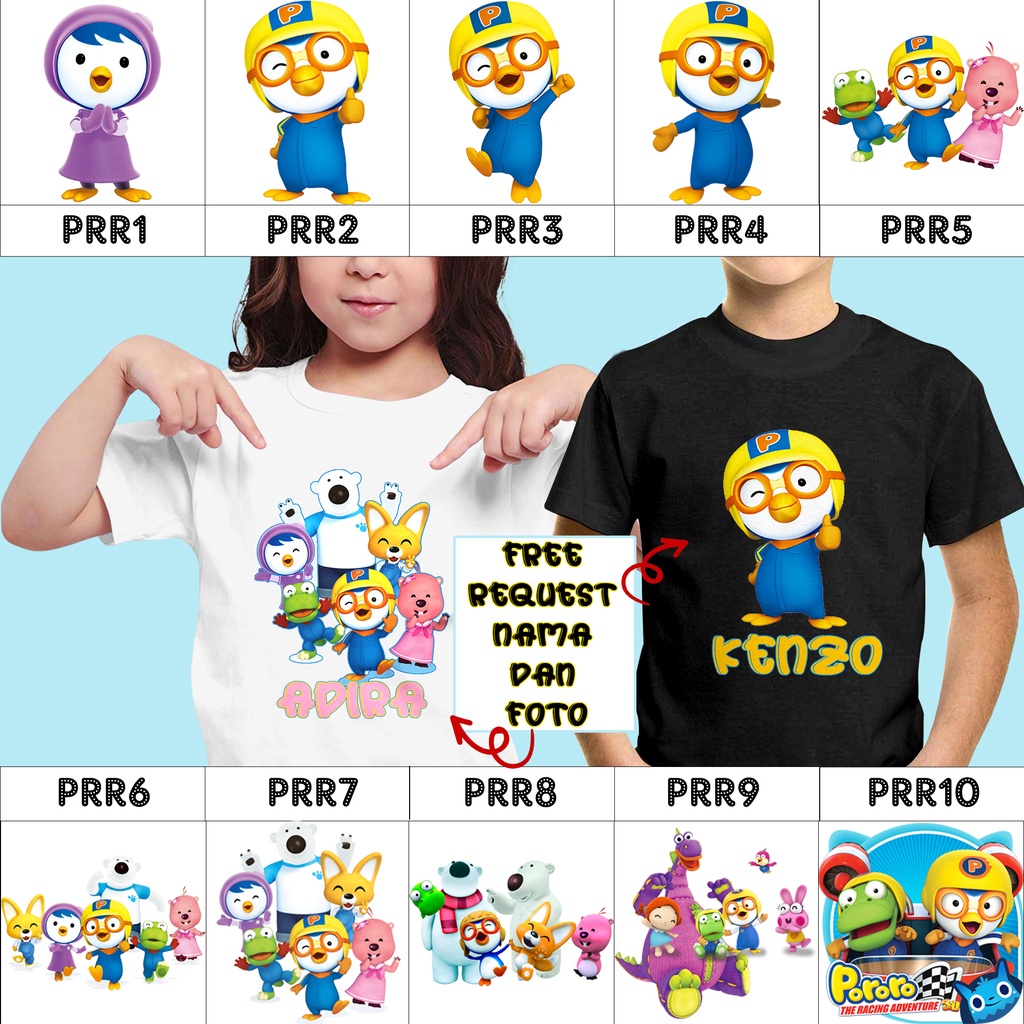 [ FREE NAMA ] Baju Kaos custom Anak Wanita dan Pria Motif Pororo - Baju Kaos Ultah Satuan - Baju Cou