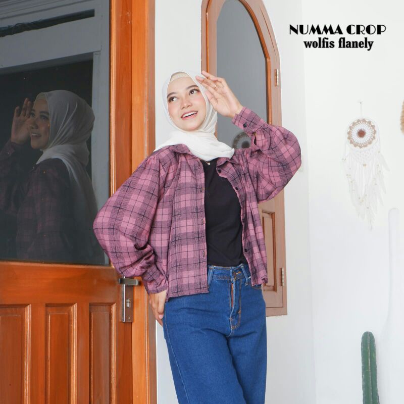 BLOUSE TARTAN LENGAN BALON MIZU KOREAN STYLE | KEMEJA MODEL FLANEL WANITA NUMMA-Numma Dusty