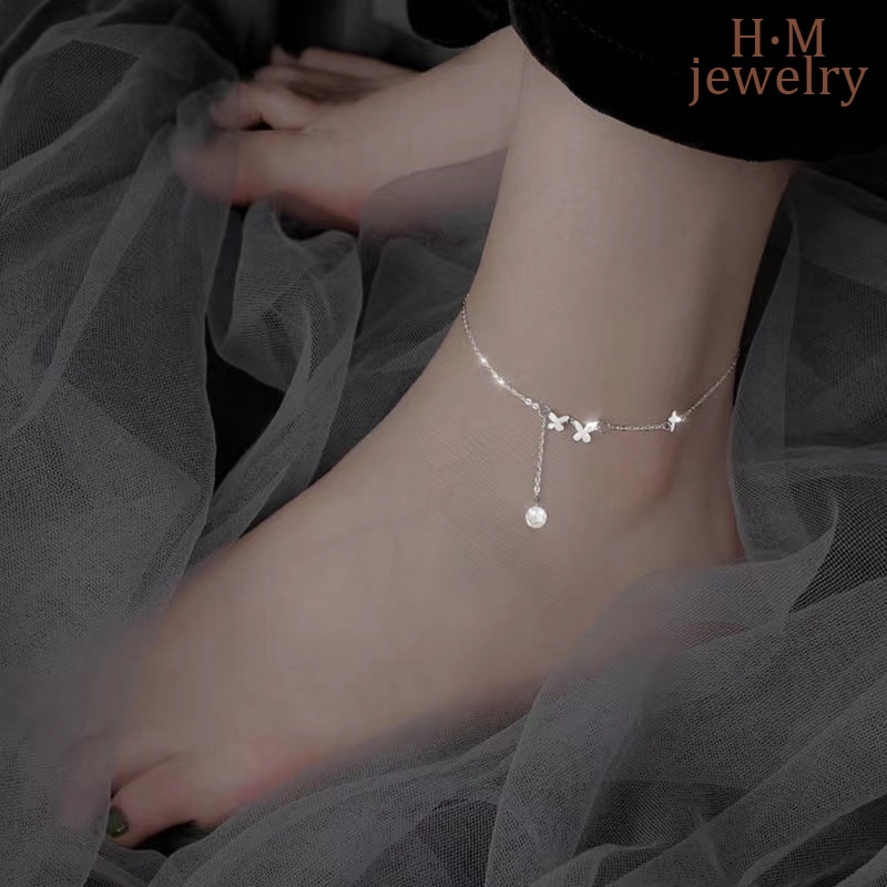 Gelang Kaki S925 Silver Model Rumbai Kupu-Kupu Aksen Berlian Butterfly