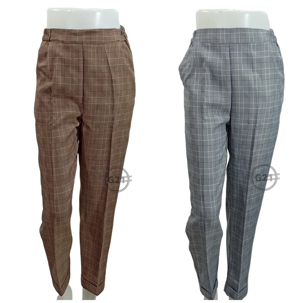 Celana Panjang Baggy Pants Tartan Kotak Wanita Korean Style Premium Pinggang Karet Model Ankle Untuk Kerja Kasual Formal