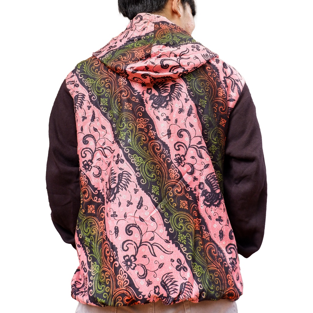 Jaket Batik Hoodie Jacket Urban of Indonesia Maroon Motif Sulur Bahan Fleece Cotton