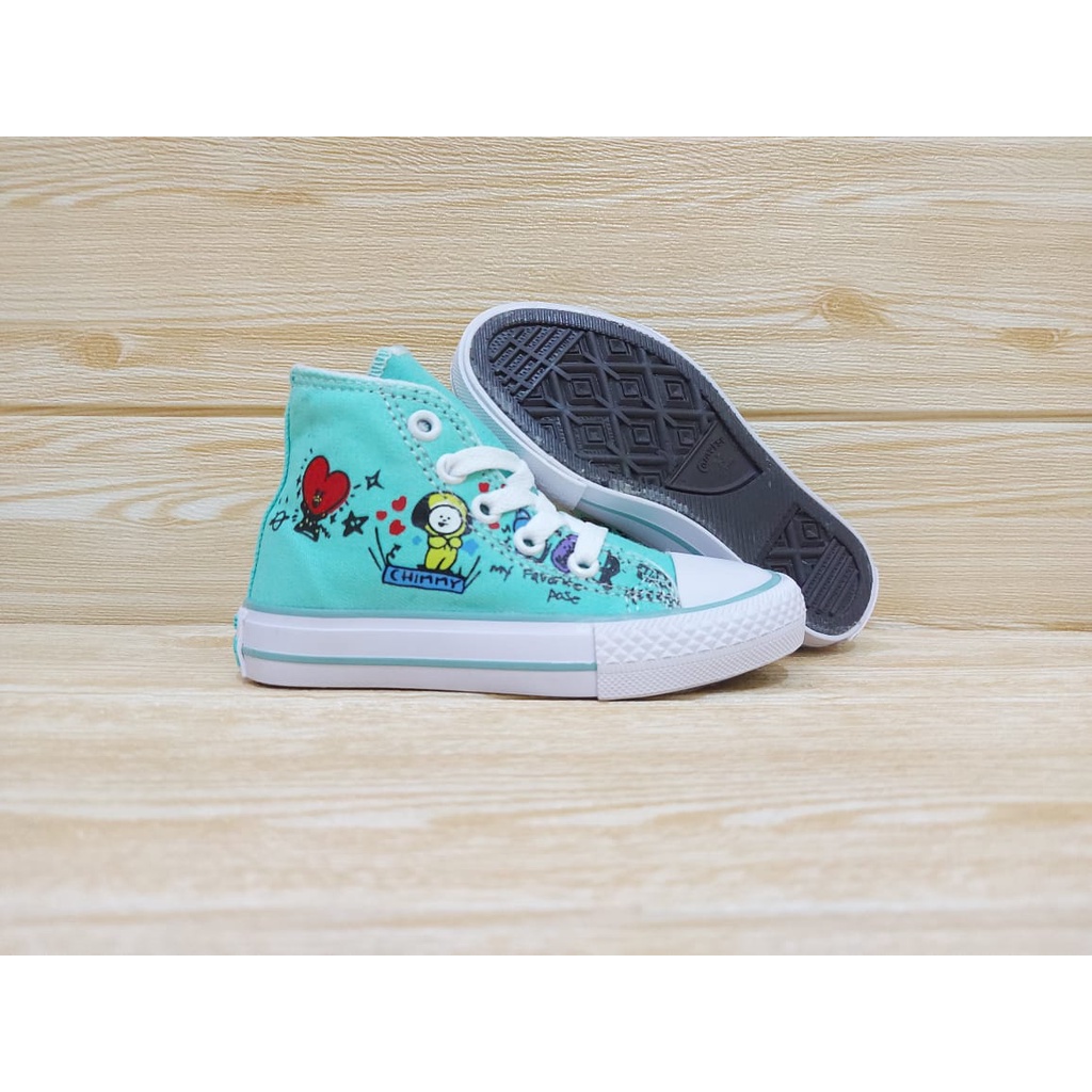 SEPATU SNEAKERS ANAK PEREMPUAN | SEPATUA ANAK PEREMPUAN | SEPATU ANAK USIA 1 2 3 4 5 6 7 | SEPATU ANAK KARAKTER BTS/BT21 WARNA HIJAU TOSCA SIZE 21-35