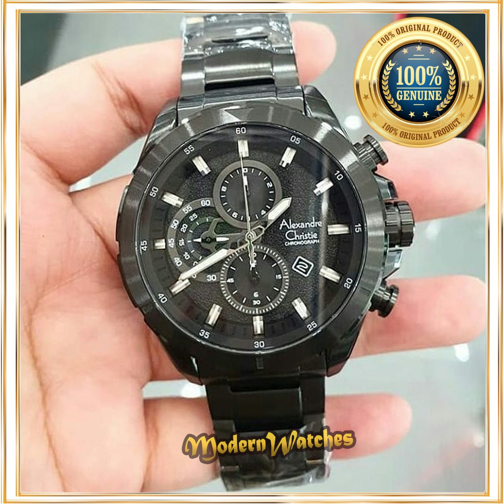 Jam Tangan Original Terbaru Alexandre Christie Pria AC 6508 Full Black Hitam Sporty Alexander Chrono