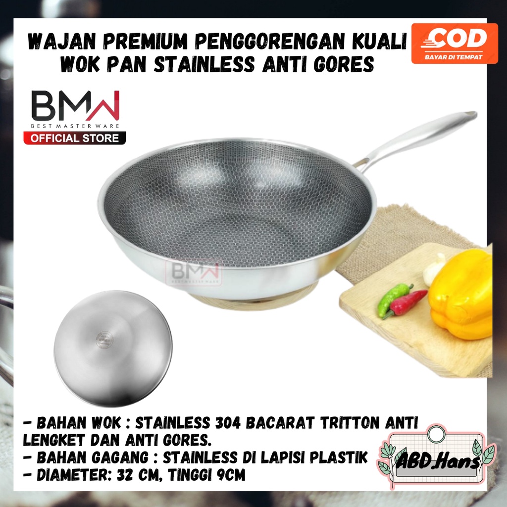 (ABD) Premium Wajan Stainless Full Laba-laba Hitam 32 Cm Penggorengan Kuali Wok Pan anti lengket dan