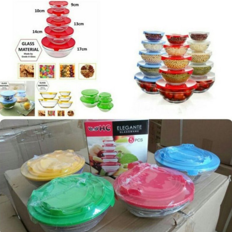 MANGKOK KACA PLUS TUTUP 1 SET ISI 5 VARIAN