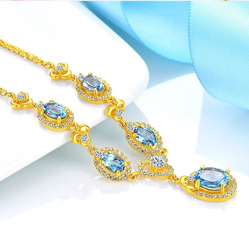 [Ready Stock]Fashion Luxury 18K Gold Plated Color Gemstone Necklace