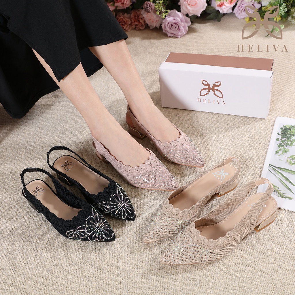 HELIVA SIENNA Low Heels 3cm Sling Back Jewel Shoes Bahan Rajut Knitted H559 Original Brand