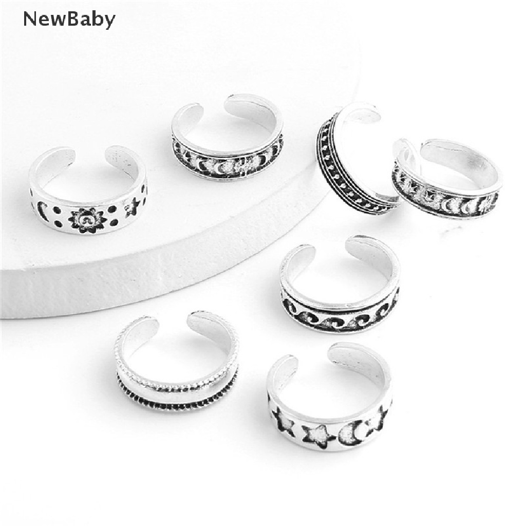 NewBaby 7Pcs Vintage Hollow Carved Star Moon Toe Rings Kits Adjustable Open Finger Ring ID