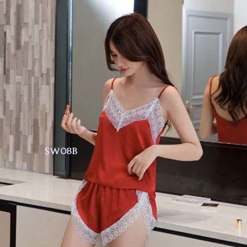 [PRODUK TERMURAH] SETELAN PIYAMA WANITA BAJU TIDUR SEKSI NIGHTGOWN SATIN MERAH SW08B