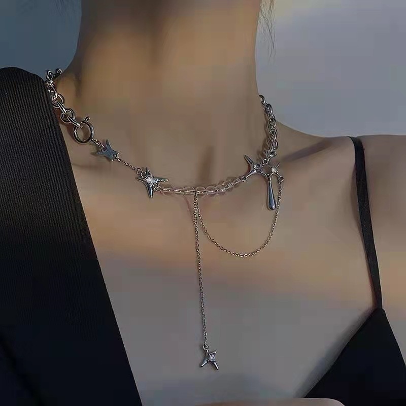 YEEZII Kalung Choker Rantai Klavikula Rumbai Bintang Warna Silver Untuk Aksesoris Perhiasan Wanita