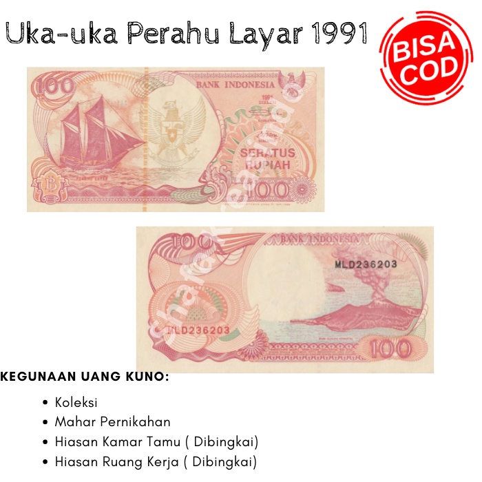 Koleksi uang kuno Indonesia 100 rupiah uka-uka perahu layar/garuda/tahun 1991