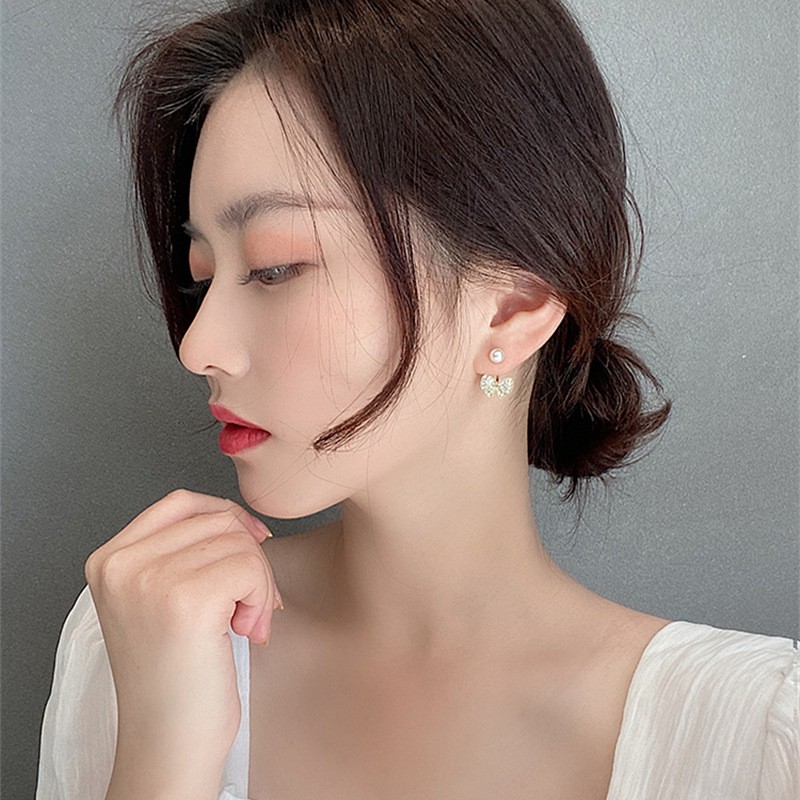 Korean temperament diamond-studded bow fashion pearl stud earrings