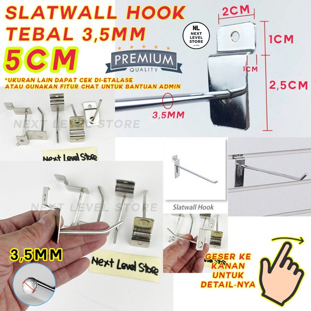 Slatwall Hook Cantolan 5 CM TEBAL 3,5mm Stainless Slat Slot Wall Jepit Gantungan Rak Display Aksesoris