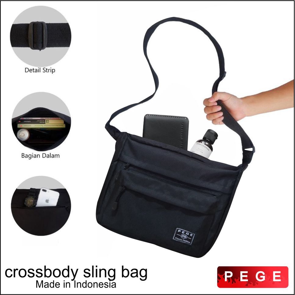 Tas Selempang Pria Slingbag PEGE Model Hitam Polos Bahan Tebal Bisa Untuk Kerja Kuliah Multifungsi - PG 8914