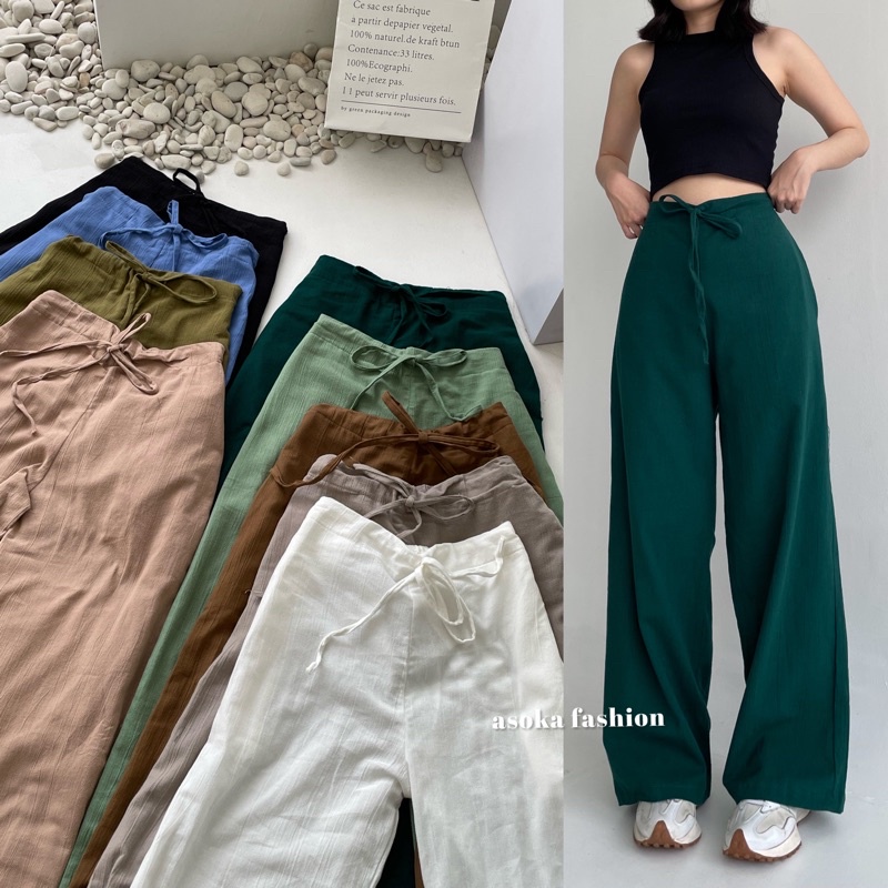 ASOKA Rachel Pants 2431 - Celana Highwaist Tali - Celana Linen Crinkle - Kulot Casual