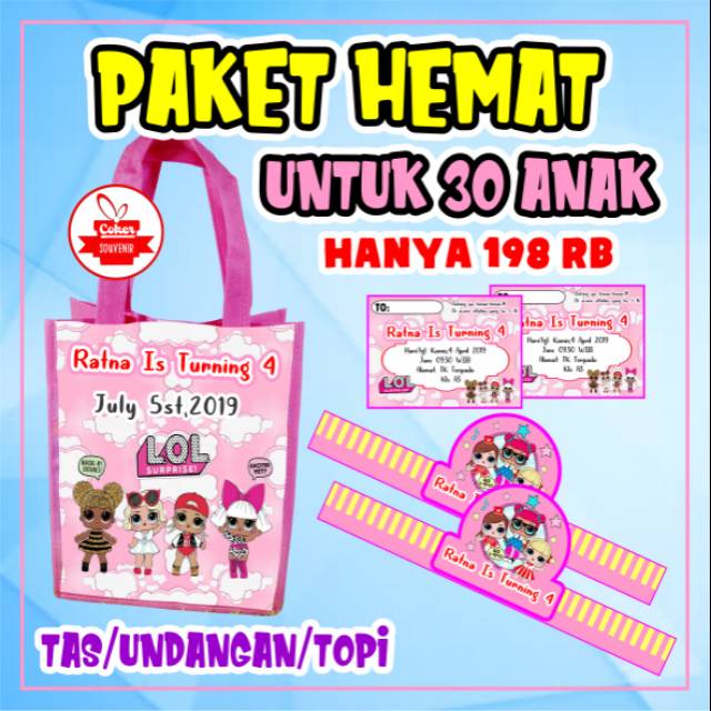 Tas ultah / souvenir ultah murah / free desain / topi ultah / undangan ultah