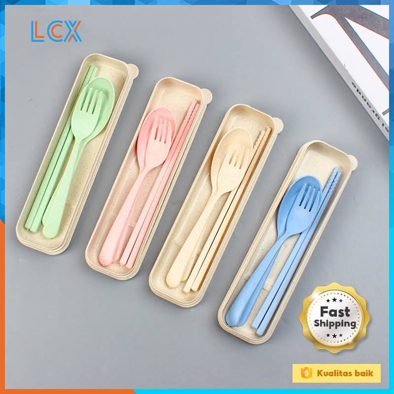 LCX 4 in1 Garpu Sumpit Tableware Travel Cutlery Set Alat Makan Sendok Garpu Sumpit Box BPA Free