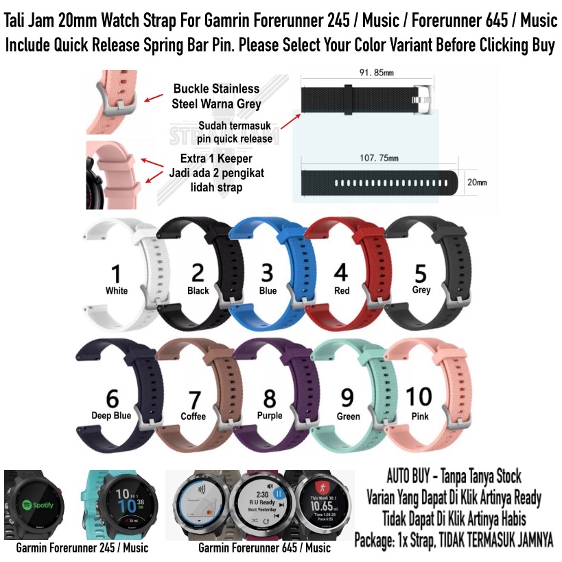 SBF Tali Jam Tangan Garmin Forerunner 245 645 Music - Strap 20mm Rubber Silikon Grey Buckle