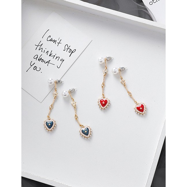 LRC Anting Tusuk Fashion Red 925 Silver Needle Pearl Rhinestone Love Earrings D28186