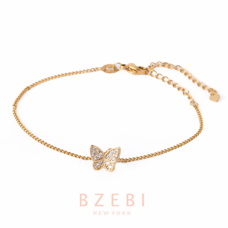 Bzebi Gelang Tangan Rantai Lapis Emas Aksen Batu Zircon Butterfly Adjustable Untuk Wanita 196b