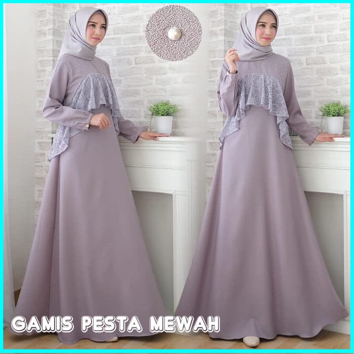 BAJU GAMIS PESTA WANITA TERBARU ABU / BAJU KONDANGAN MUTIARA / BAJU GAMIS KONDANGAN