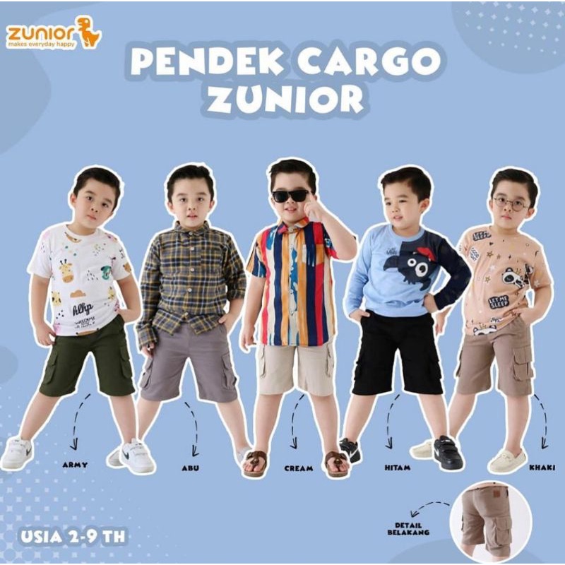 Celana Pendek Anak Laki laki Cargo Chinos Pdl Bahan Katun Warna Hitam Army Abu Banyak Saku Pakaian Harian Short Kargo ZUNIOR