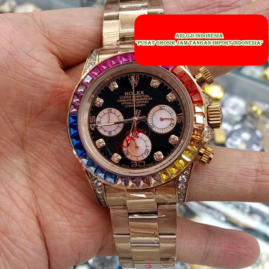 Hot Sale Jam Tangan Pria ROLEX Daytona Rainbow Diamond Garansi 1th